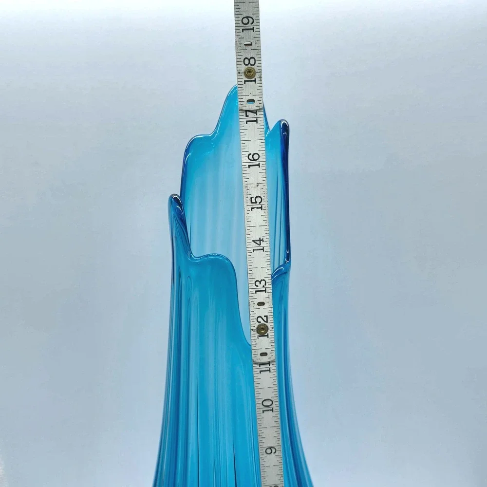 Vintage MCM‎ LE Smith Crystal Blue Swung Glass Ribbed Floor Vase 18 Inch